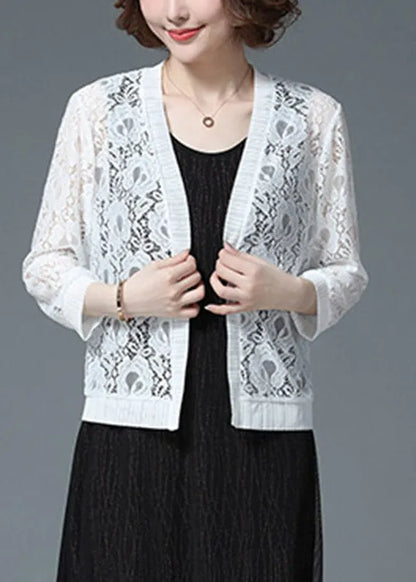 White Hollow Out Lace Upf 50+ Cardigan Long Sleeve