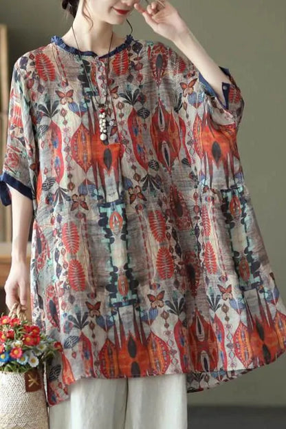 Ramie Print O-neck Loose Shirt