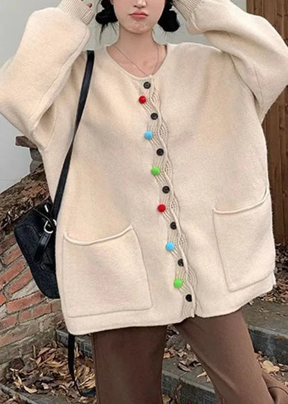 Modern Apricot O-neck Pockets Button Cotton Knit Sweater Coats Fall