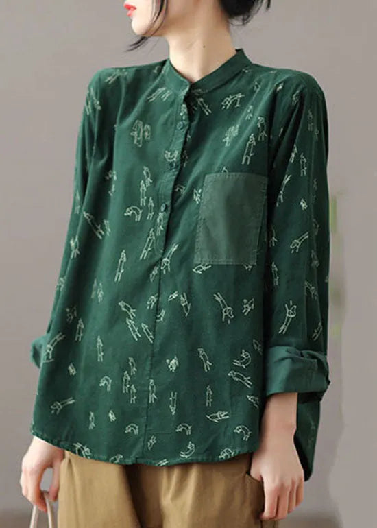 Green Stand Collar Print Patchwork Corduroy Blouses Spring