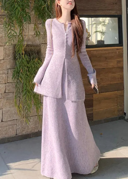 Purple Button Front Open Knit Two Piece Set Flare Sleeve