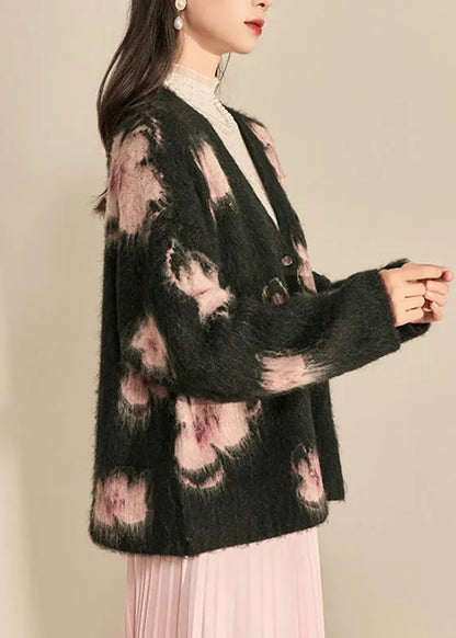 Modern Black V Neck Print Cotton Knit Cardigan Fall
