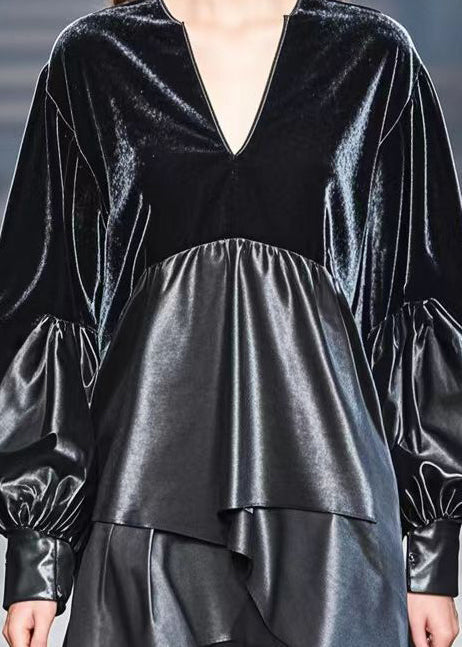French Black Asymmetrical Pu Patchwork Faux Leather Long Tops Fall