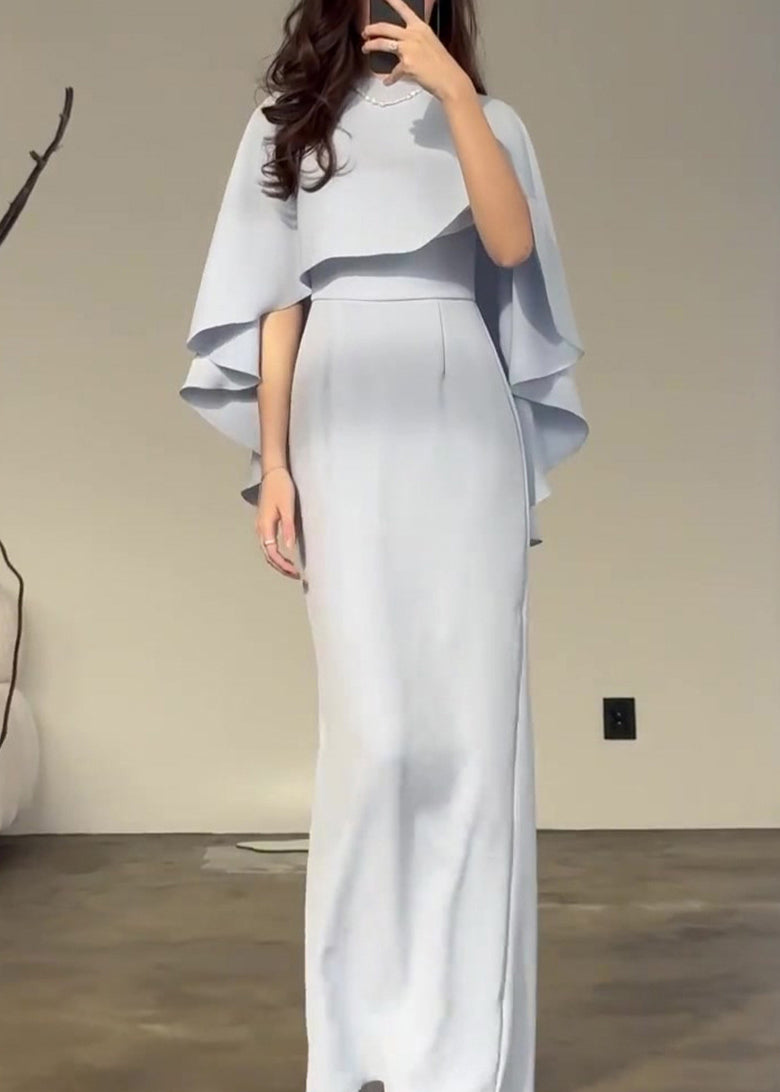 Slim Fit Light Blue Silk Shawl Waist Cinched Dress