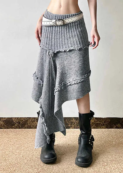 Grey Asymmetrical Design Ruffled Knit Skirts Spring