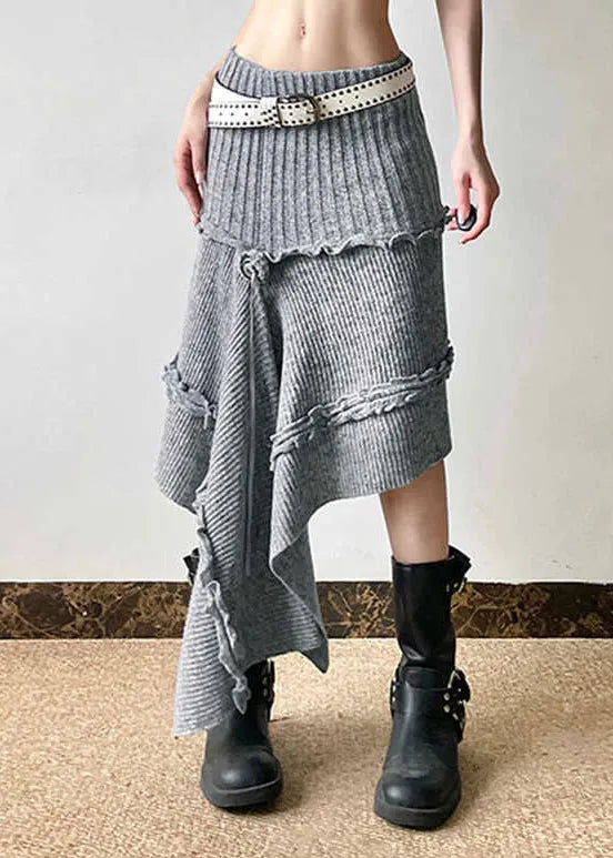 Grey Asymmetrical Design Ruffled Knit Skirts Spring
