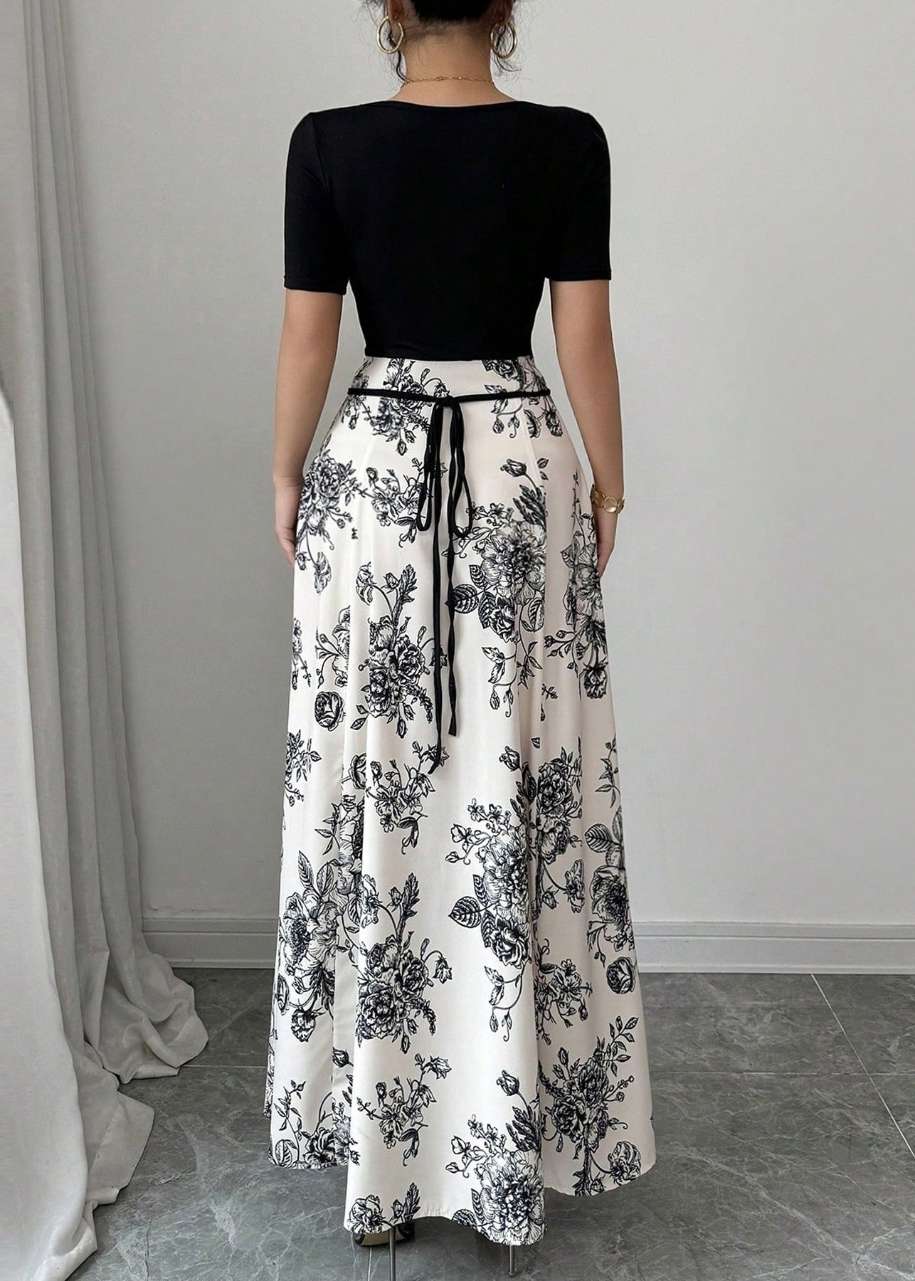 Black O Neck Print Cotton Long Dress Summer