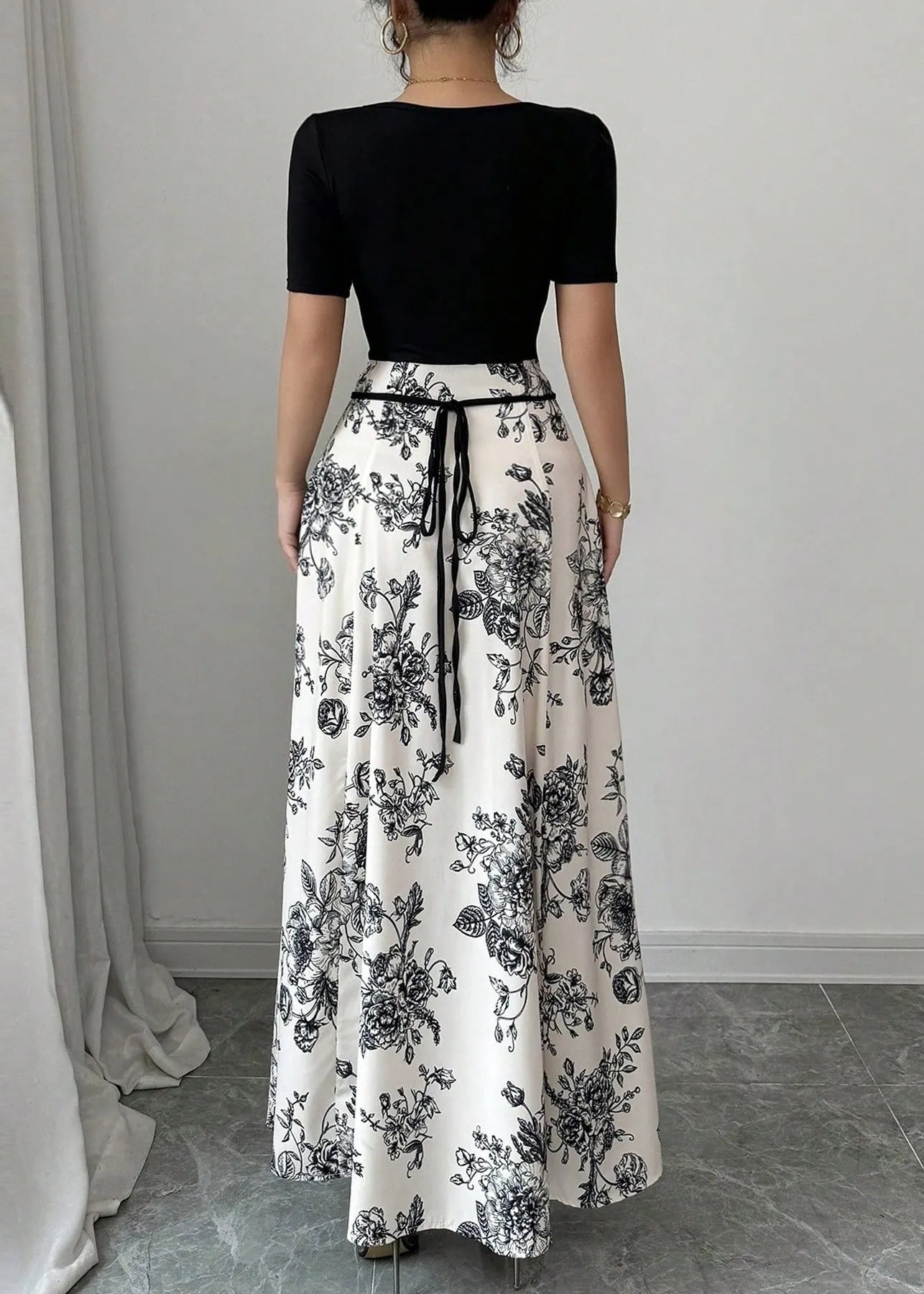 Black O Neck Print Cotton Long Dress Summer