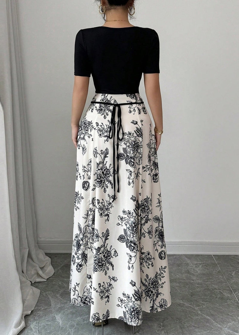 Black O Neck Print Cotton Long Dress Summer