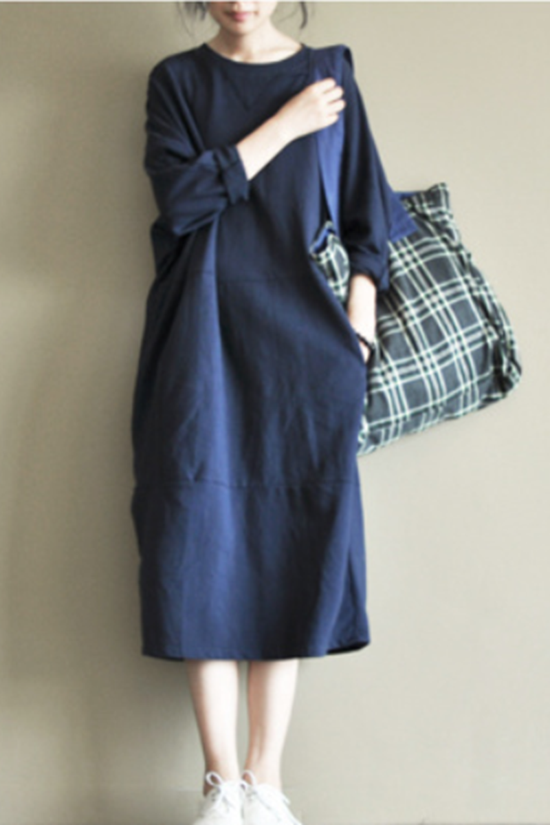 Two Colours Round Collar Fleece Long Dress Causel Outfits