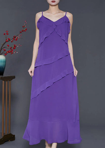 Italian Purple Ruffled Chiffon Spaghetti Strap Dress Two Piece Set Summer