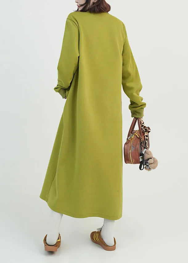 Green O Neck Long Cotton Straight Dress Fall