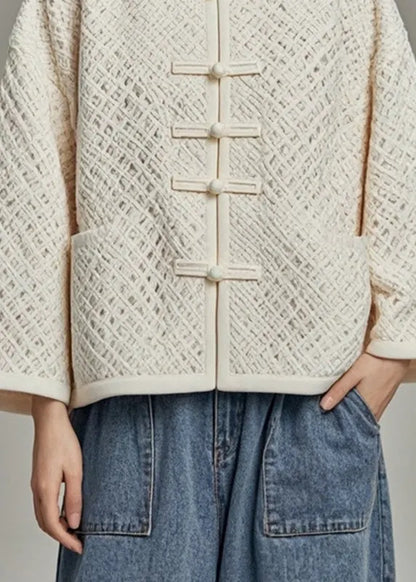 Fitted Beige O-neck Hollow Out Fall Coat