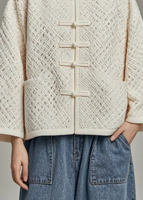 Fitted Beige O-neck Hollow Out Fall Coat