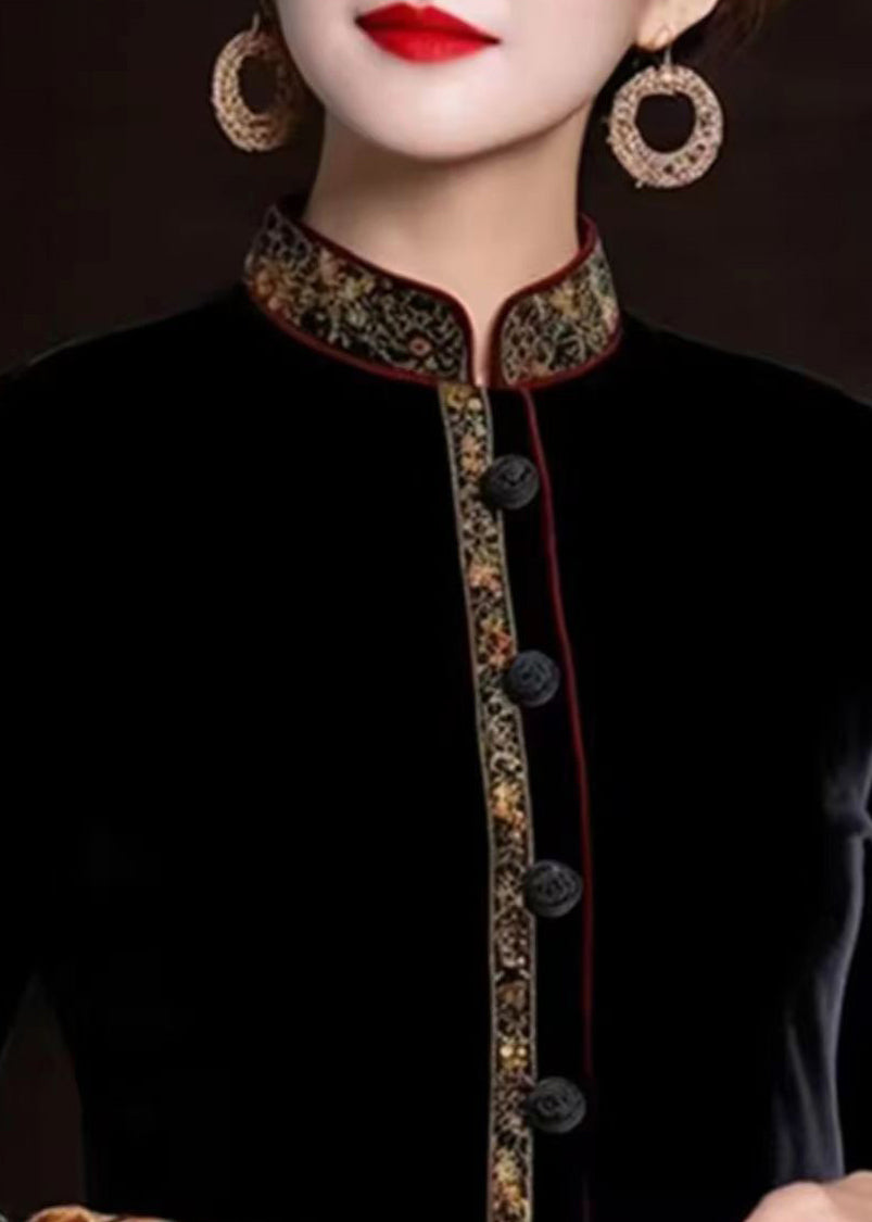 Black Embroidered Button Silk Coats Long Sleeve
