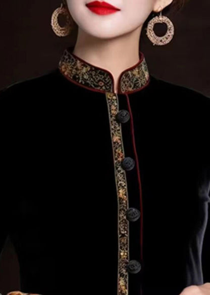 Black Embroidered Button Silk Coats Long Sleeve