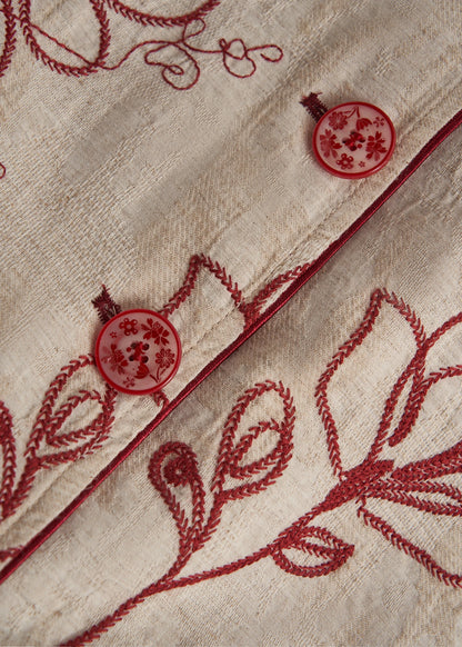 Beige Embroidered Pockets Linen Coats Fall