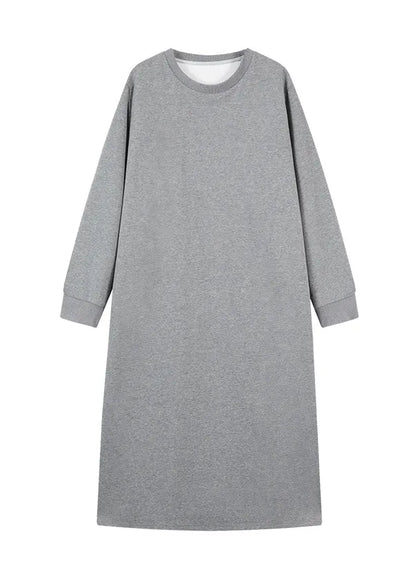 Grey O Neck Loose Cotton Straight Dresses Fall