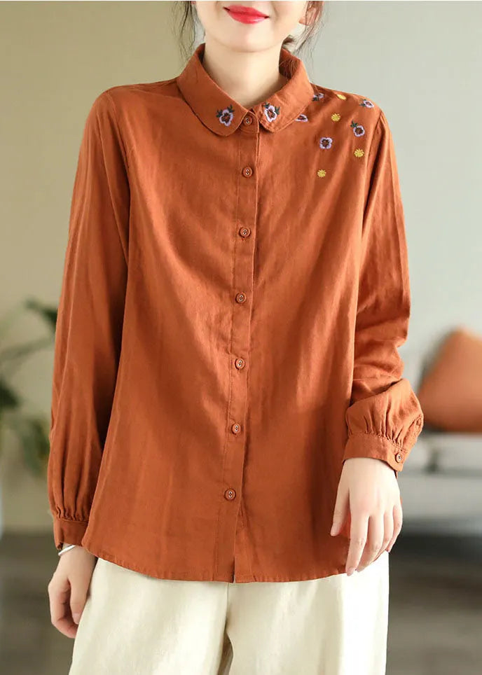 Diy Orange Turn-down Collar Embroidered Cotton Shirts Spring