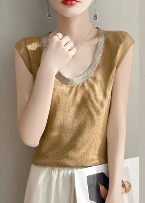 Yellow U Neck Patchwork Knit Tank Summer