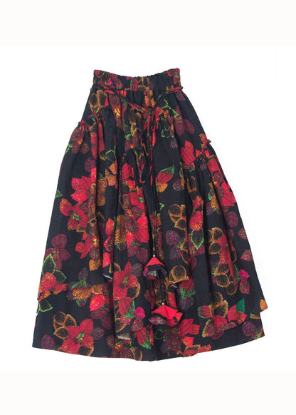 Wrinkled Asymmetrical Print Patchwork Cotton Skirt Fall