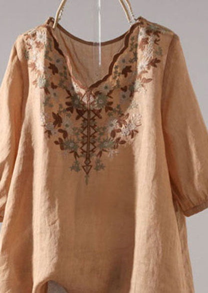 Khaki V Neck Embroidered Patchwork Linen T Shirt Summer