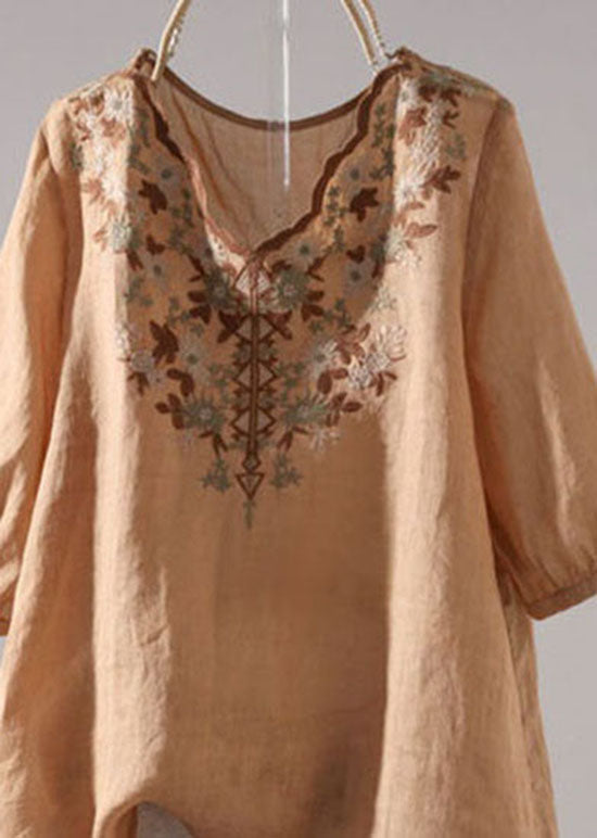 Khaki V Neck Embroidered Patchwork Linen T Shirt Summer