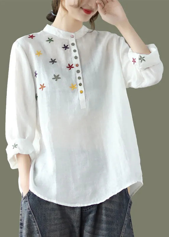 White Stand Collar Embroidered Linen Shirt Spring
