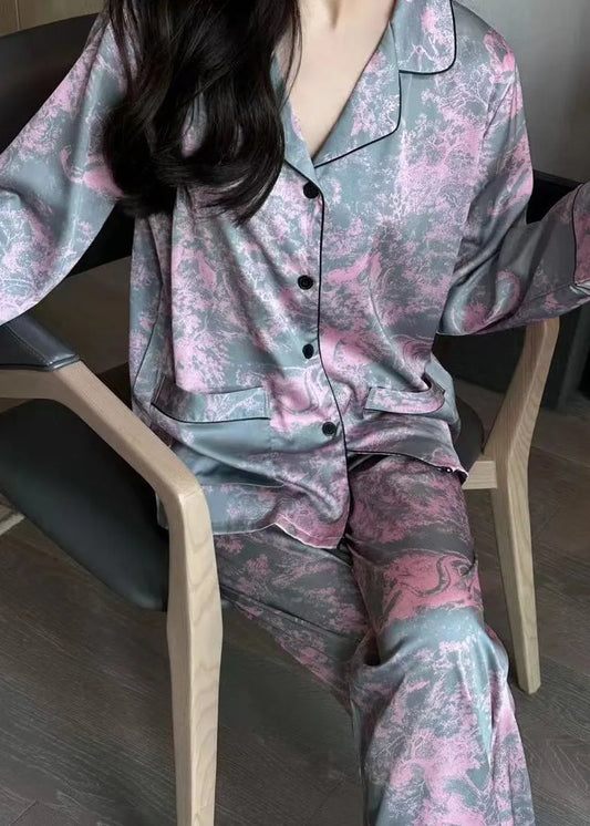 Pink Peter Pan Collar Button Ice Silk Pajamas Two Piece Set Spring