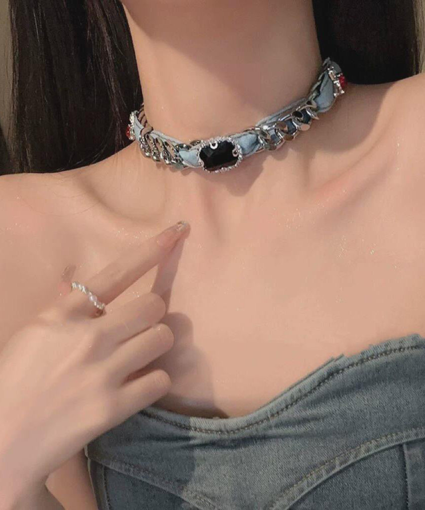 Denim Blue Metal Denim Crystal Chain Collar Necklace