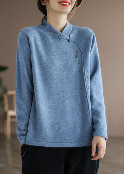 Blue Stand Collar Embroidered Thick Knitted Sweater Long Sleeve