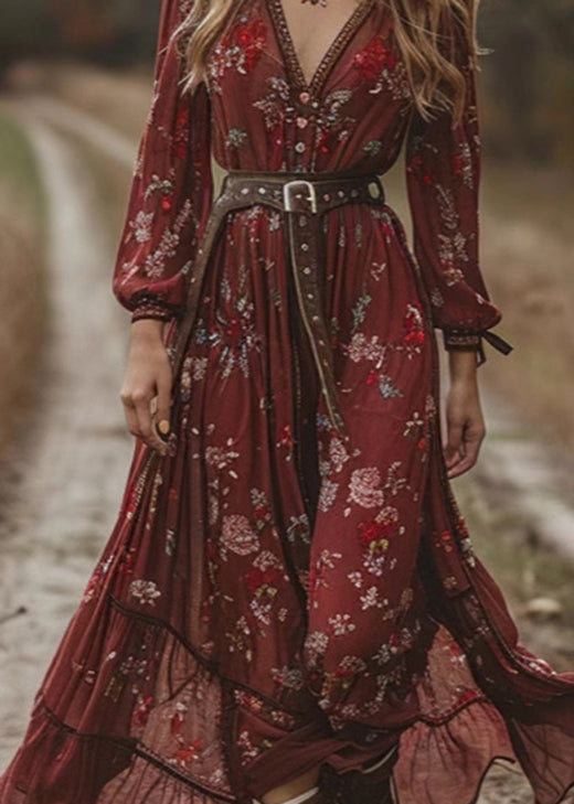Mulberry V Neck Print Chiffon Long Dress Fall