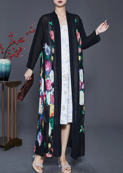 Fine Black Oversized Print Chiffon Upf 50+ Coat Cardigan Spring
