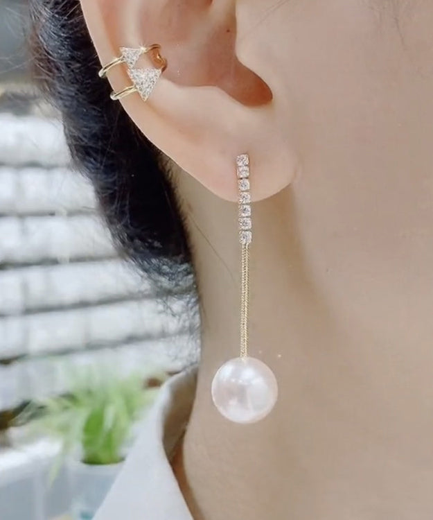 Gold Sterling Silver Overgild Zircon Pearl Tassel Drop Earrings