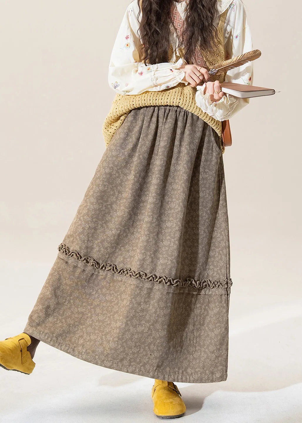 Original Coffee Ruffled Print Patchwork Cotton Skirt Winter