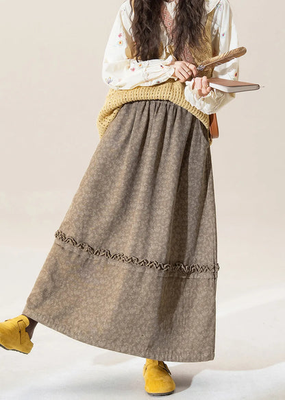 Original Coffee Ruffled Print Patchwork Cotton Skirt Winter