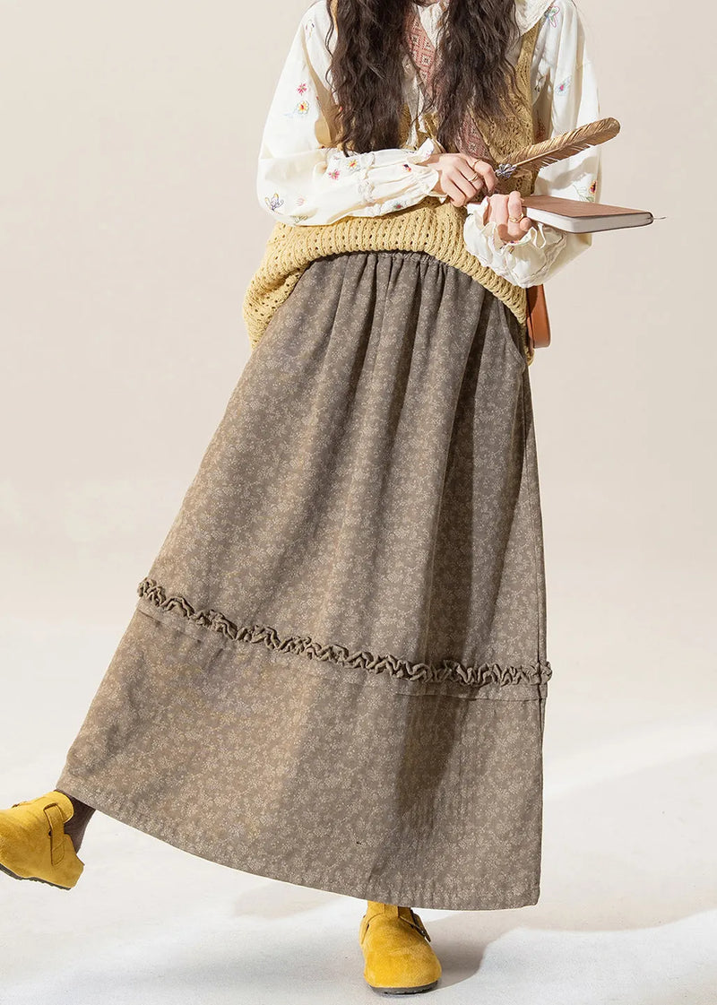 Original Coffee Ruffled Print Patchwork Cotton Skirt Winter