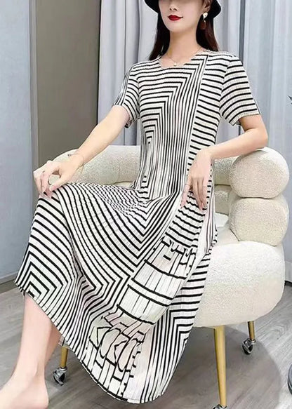 White O Neck Striped Wrinkled Silk Dresses Summer