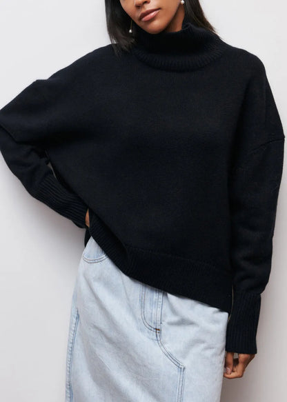 American Style Black Hign Neck Loose Knit Sweaters Spring