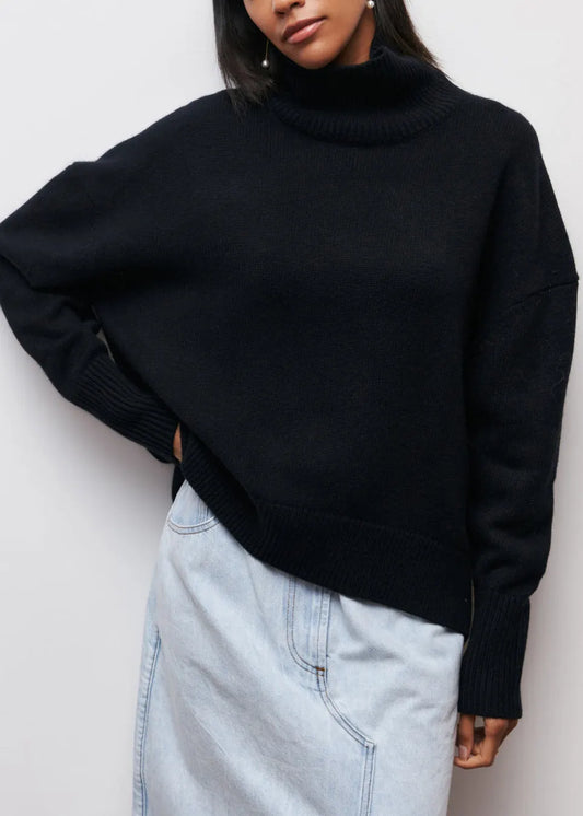 American Style Black Hign Neck Loose Knit Sweaters Spring