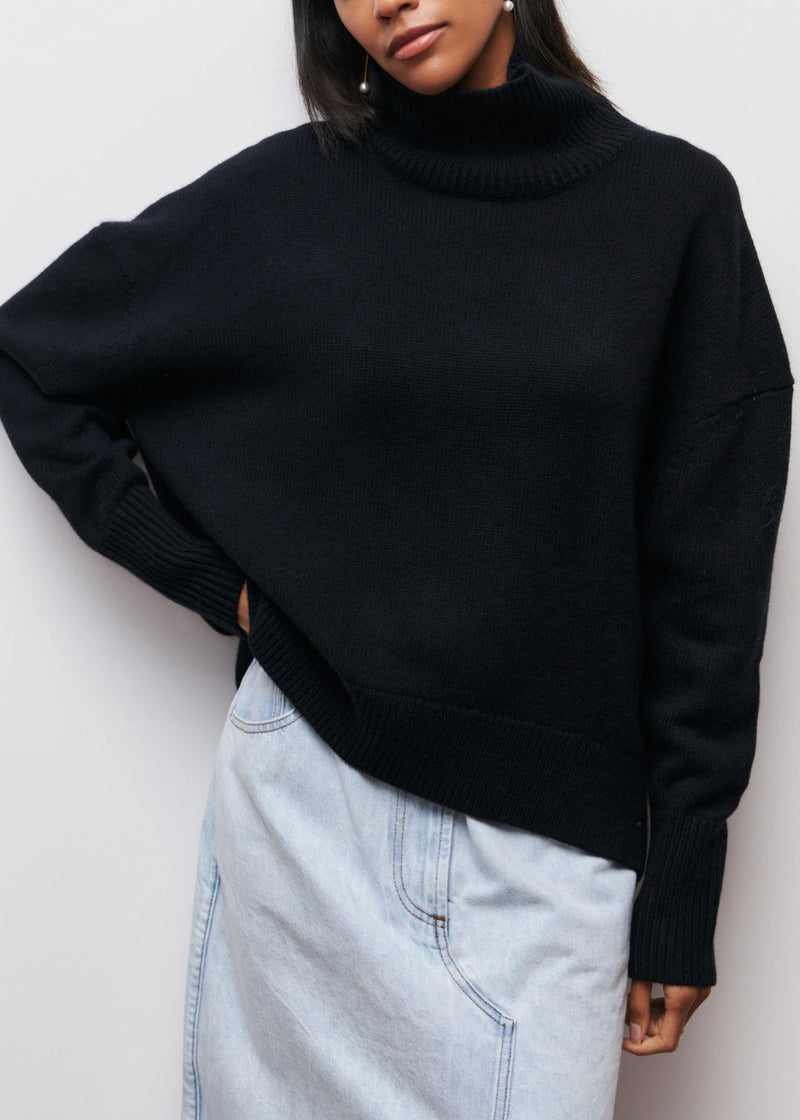 American Style Black Hign Neck Loose Knit Sweaters Spring