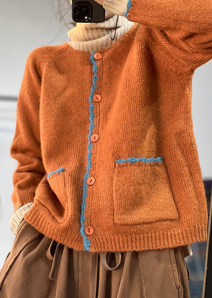 Orange Button Pockets Woolen Coats Fall