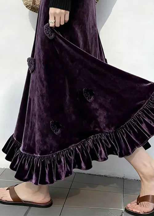 Slim Fit Purple Ruffled High Waist Silk Velvet Skirt Winter