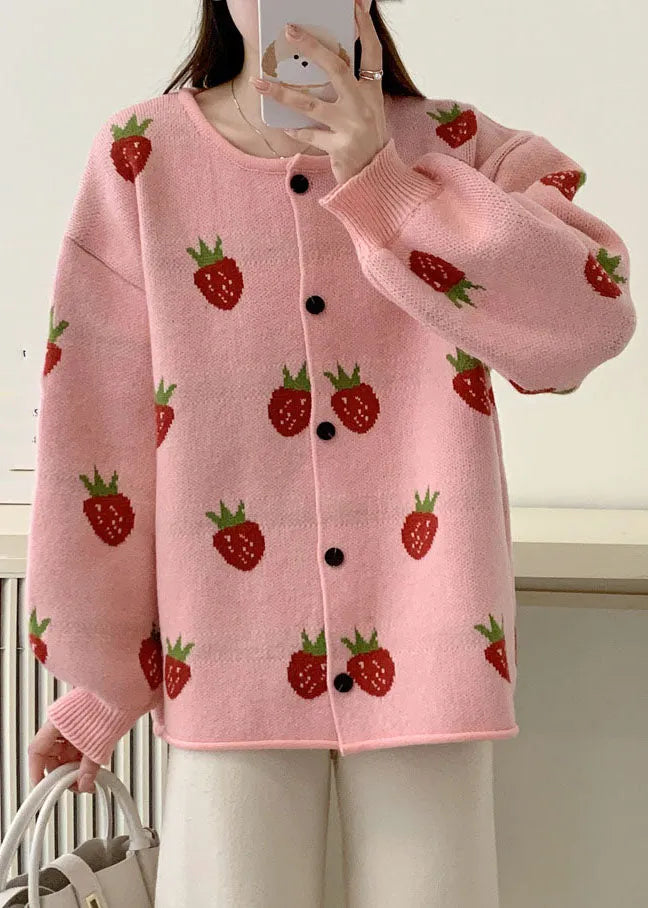 Pink Strawberry Cotton Knit Sweaters Coats Fall