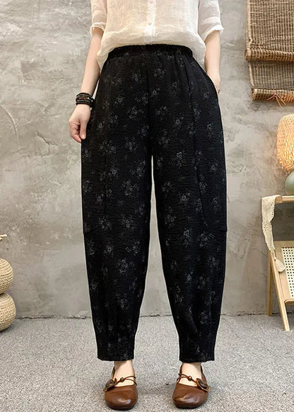 Black Print Elastic Waist Cotton Crop Pants Summer