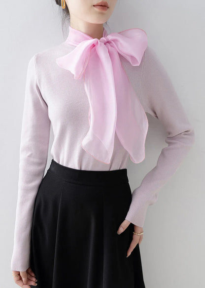 Pink Hign Neck Bow Slim Fit Knit Sweaters Spring
