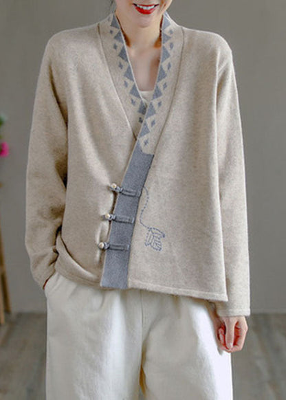 Art Beige V Neck Embroidered Asymmetrical Design Patchwork Fall Knit Sweaters