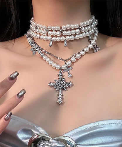 White Alloy Pearl Multilayer Cross Gratuated Bead Necklace