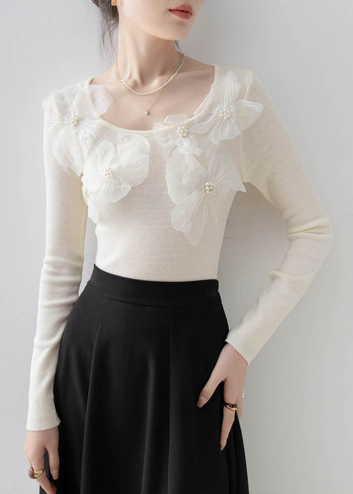 Apricot O Neck Nail Bead Knit Top Spring