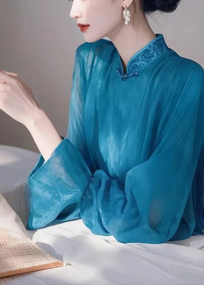 Blue Stand Collar Chiffon Shirts Spring